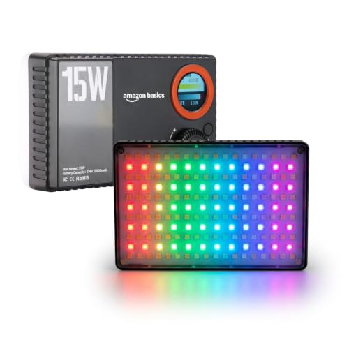 Image of Amazon Basics RGB Pocket Fill Light 15W Portable LED Camera Light, 1800-9000K Bi-Color & Full RGB, 2600mAh Rechargeable On-Camera Video Light with Type-C Charging for Photography, Vlogging, Streaming
