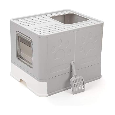 Vealind Foldable Cat Litter Tray Cats Litter Box with Front Entry & Top Exit XXL Extra Large Space Toilet Boxes with Trays, Lid and Pet Litter Shovel (Gray) Cover