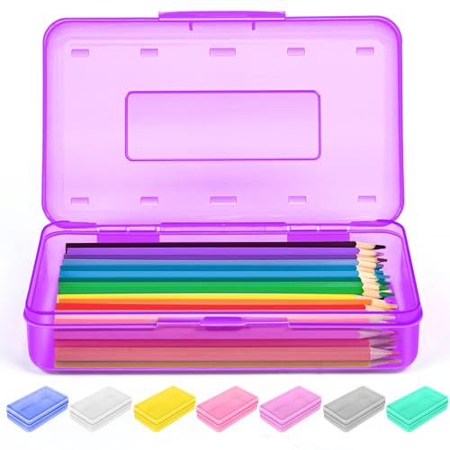 Image of Sooez 1 Pack Clear Pencil Box, Plastic Hard Pencil Case with Stickers, Large Crayon Box with Snap-tight Lid, Stackable Storage Box Art Craft Marker Organizer Box for Kids Boys Back to School, Purple