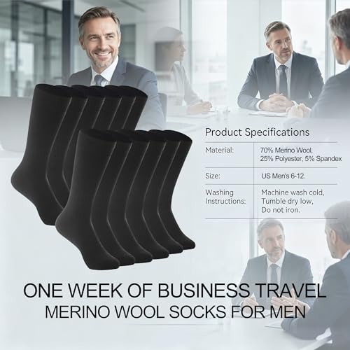 BISOUSOX 70% Merino Wool Socks for Men, Thin Breathable Crew Socks Size 9-12, Warm Dress Socks for Business, Daily Wear — view 3