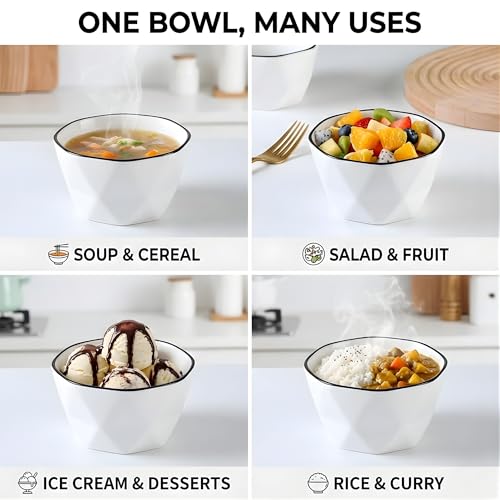 Image of Modern Geometric White Ceramic Bowls, Food Grade Porcelain with Minimalist Black Rim, Lead & Cadmium Free, Chip-Resistant Snack & Cereal Bowls (Set of 2)