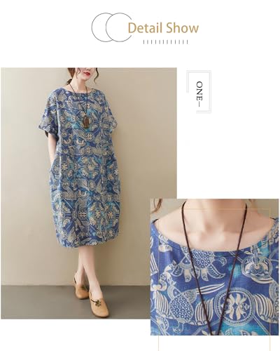 Image of LUZU JUNU Women's Summer Baggy Plus Size Loose Cotton Linen Long Boho Beach Dress with Pockets