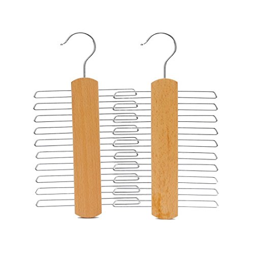 J.S. Hanger Perchas de madera auténtica y natural para 20 corbatas/cinturones, de madera de haya, perchas multifuncionales para complementos, detalles en cromo (2 unidades)