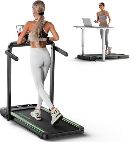 HomeTro Cinta de Correr Plegable, 1-14 KM/H, 2.5HP Cinta de Andar con Dos Pantallas Táctil LED, 12 Modos de Ejercicio, App y Control Remoto Inalámbrico, Negro y Verde