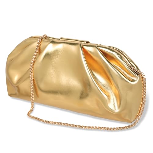 Synther Gold Clutch Bag for Women Cloud Champagne Clutch Bag Evening Bag Soft Leather Handbag with Detachable Strap Prom Handbag Crossbody Shoulder Purse for Wedding Party Date
