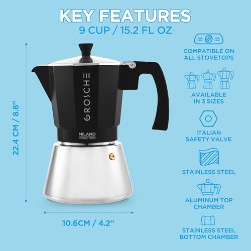 Image of GROSCHE Milano Induction Stovetop Espresso Maker Moka Pot for Greca, Induction, Electric & Gas Stoves, Dishwasher Safe Stovetop Espresso Maker | 9 Espresso Cup, Black