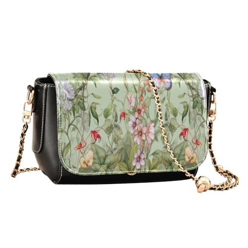 xigua Flower and Bird Green Leather Crossbody Bag for Women Small Handbag with Chain Strap, Flip-Top Crossbody Purse2