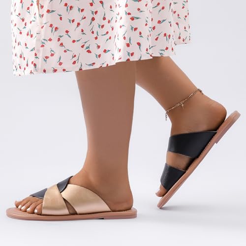 Image of Luoika Women's Wide Width Flat Slides Sandals, Strapy Slide Sandal Slip on Dressy Summer Shoes for Women.