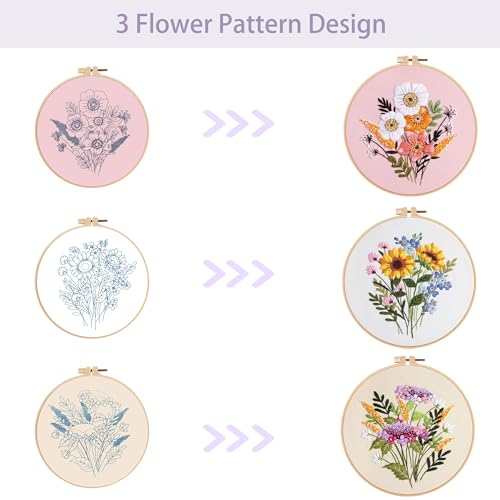 Image of Offizon 3 PCS Embroidery Kit for Beginners Stamped FlowerB Pattern | Cross Stitch DIY Craft Set, Hoop Included, Flower Embroidery Accessories, Stitching Sewing Kit Gift for Adults
