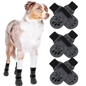 EXPAWLORER 3 Pairs Anti-slip Dog Socks Paws Stop Licking, Dog Paw Protector with Grips Double-sided Silicon Gel, Adjustable Pet Boots Shoes for Puppy Small Medium Large Senior Dogs, Black & Grey 2XS