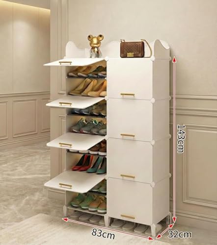 Image of LUVHOMEE Plastic Shoe Rack for Home with Door, 8-Door Shoe Storage Cabinet | 16-Shelfs for 32 Pairs | Waterproof & Portable DIY Shoe Slipper & Chappal Stand for Entryway /Bedroom (White-HT2)