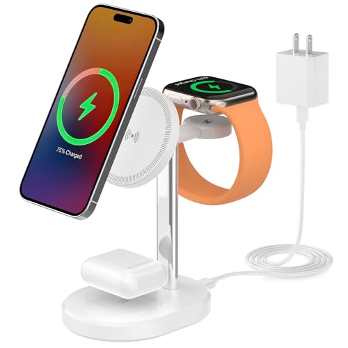 3 in 1 Wireless Charging Station,Detachable Apple Watch Charger & 15W Charger Stand for MagSafe for iPhone, Wireless Charger for Multiple Devices iPhone 16/15/14/13&Watch&AirPods(White)