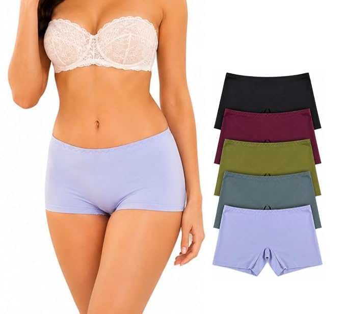 louryn koulyn Pack of 5 Ice Silk Seamless Boyshort Panties for Women | Soft Stretch Breathable Fabric | Mid Rise No Visible Panty Lines | (Colors May Vary)-picture-16