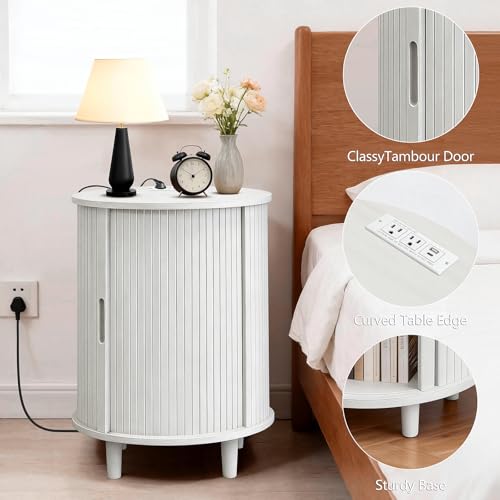 Image of DHH End Table Set of 2 with Storage & Charging Station, Fluted Accent Side Table with Sliding Door & Adjustable Shelf, Mid-Century Nightstand for Small Spaces, Living Room, Bedroom(2, White)