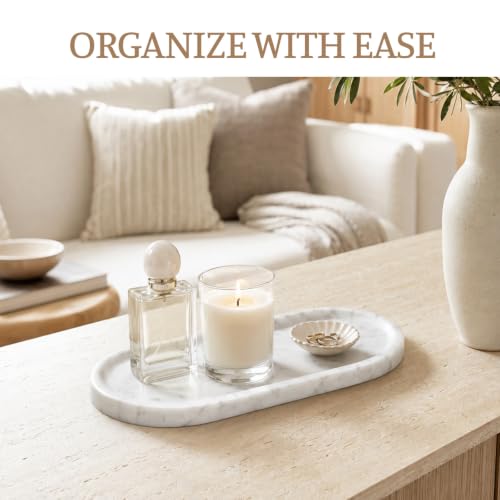Image of Koville Bianco Carrara Marble Tray, 12 inchx6 inch Decorative Tray for Countertop, Catchall for Perfume, Candles, Jewelry Dish