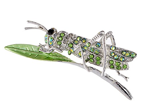 Alilang Synthetic Peridot Green Rhinestone Crystal Insect Grasshopper Locust Leaf Big Pin Brooch