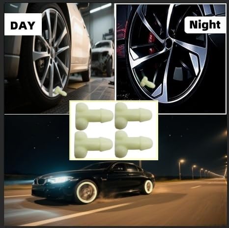 Glow-in-The-Dark Valve Stem Caps – 4-Pack Funny Wheel Accessories, Airtight, Rustproof, Dustproof & Waterproof Caps for Cars, Bikes, Trucks, Motorcycles – Universal Fit（White）