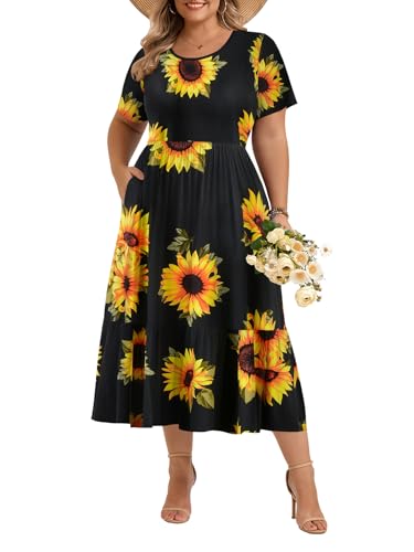 Image of LARACE Plus Size Dresses for Women Summer Casual Short Sleeve Long Dress Flowy Maxi Beach Dresses with Pockets L-6XL(Flower35 6X)
