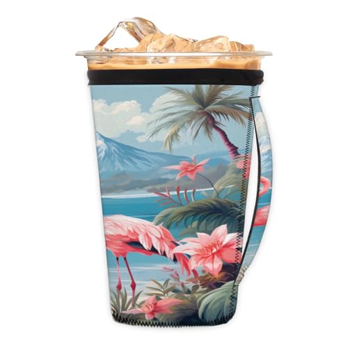 Mountain Flowers Flamingos Reusable Neoprene Coffee Sleeve with Handle Insulated Iced Coffee Cup Holder Reduces Condensation Fits 24-28 oz Cups M