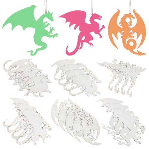 UNICRAFTALE 24 Stück 6 Stile Holzdrachen Ausschnitte Unlackierte Hölzerne Drachen Hängeornamente Drachen Verzierungen Mit Schnur DIY Tierhandwerk Geschenkanhänger Für Heimparty Dekoration Basteln
