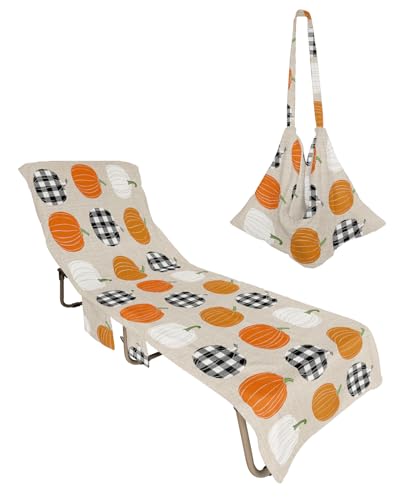 Pumpkin Beach Chair Towel Covers for Chaise Lounge with Side Pocket, Soft Plush Pool Towels Cover for Patio Sunbathing Outdoor 29''x85'' Retro Orange Thanksgiving Fall Plaid Black