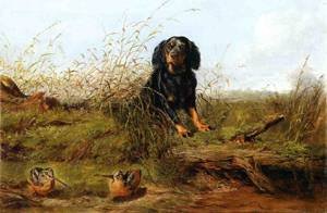 Peinture à l'huile Cocker Spaniel et bécasse pour décoration salon rétro