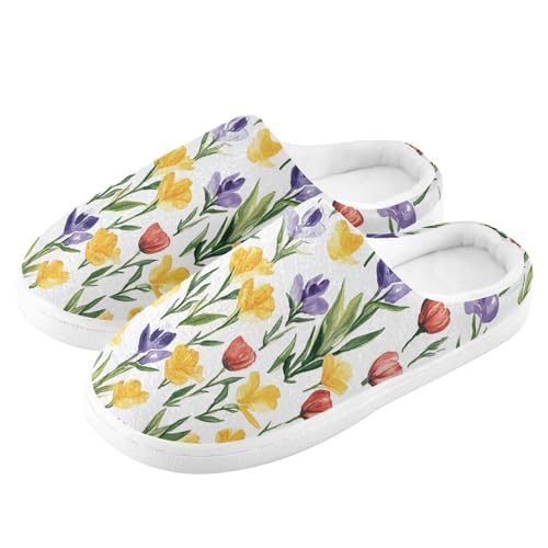 JUNZAN Spring Flowers Tulips Iris White Women Home Cotton Slippers Washable Memory Foam Mens Slippers for Hospital Funny Presents 6-74