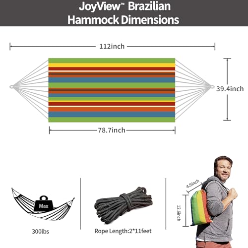 Image of JoyView Brazilian Hammock for Single Person Portable Hammock with Hanging Ropes & Carry Bag Large 78.8x39.4 inch for Patio 300LBS Capacity Perfect for Outdoor /Indoor - Coastal Breeze