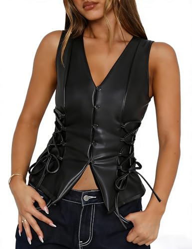 ZEXIGLAD Womens PU Leather Tank Tops Concert Rave Western Rodeo Outfit Sexy Deep V Neck Asymmetrical Vest Corset Party Clubwear Black M