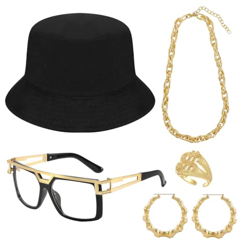 80s / 90s Hip Hop Outfits for Women, 90's Theme Costume Kit Rapper DJ Outfits Punk Gold Chain Bucket Hat Vintage Glasses Bamboo Hoop Earrings Money Ring Hip Hop Jewelry Set for Women/Men