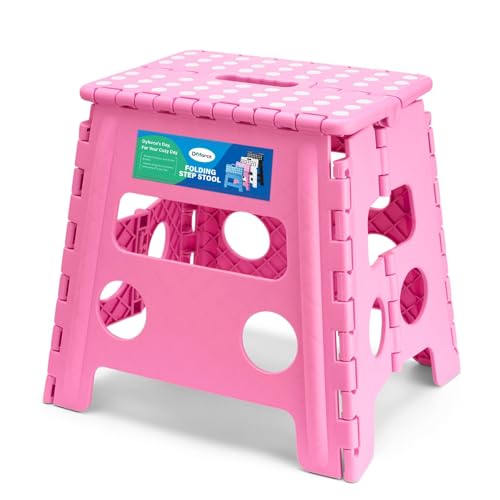 Image of Dyforce Folding Step Stool 13 Inch - Non-Slip Foldable Stool for Adults & Kids, Holds 300 lbs, Lightweight Compact Foot Stool with Handle for Kitchen, Bathroom, Bedroom (Pink)