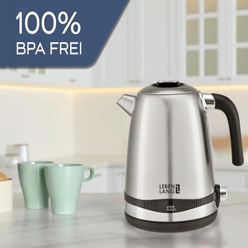 LEBENLANG Wasserkocher Edelstahl Temperatureinstellung – Leise, Temperaturanzeige & Warmhaltefunktion - 1,7 Liter & 2200W | Electric Kettle | Temperatur Edelstahl Wasserkocher Retro ohne Plastik