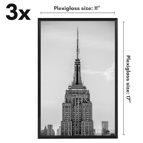 Americanflat 11x17 Picture Frame in Black - Set of 3-11x17 Frame with Slimline Molding, Plexiglass Cover, and Hanging Hardware for Horizontal or Vertical Wall Display