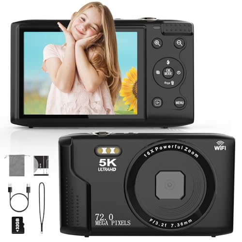 5K Digitalkamera FHD 1080P 68 MP Autofokuskamera mit 32 GB Karte 16-facher Digitalzoom, tragbare einfache Digitalkamera für Kinder Studenten Teenager Anfänger (Schwarz)