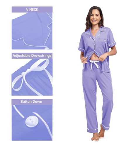 Image of CF Womens 100% Cotton Pajamas Set Button Down Pjs Sets Short Sleeve Top & Long Pants Sleepwear Comfy Loungewear with Pockets