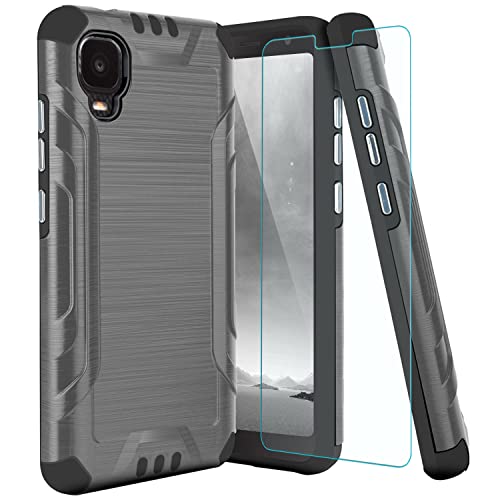 Tjs Compatible With Alcatel Tcl A3 A509Dl Case/Tcl A30 Case, With Tempered Glass Screen Protector, Belt Clip Holster Hybrid Kickstand Heavy Duty Cover Drop Protector Phone Case (Gray) #TOP7
