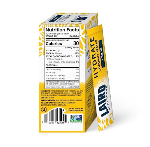 Laird Superfood Hydrate Coconut Water – Electrolyte Drink Mix - Lemon, 10 Single Serve Sticks – 0g Added Sugar – No Artificial Ingredients – On-the-go Hydration