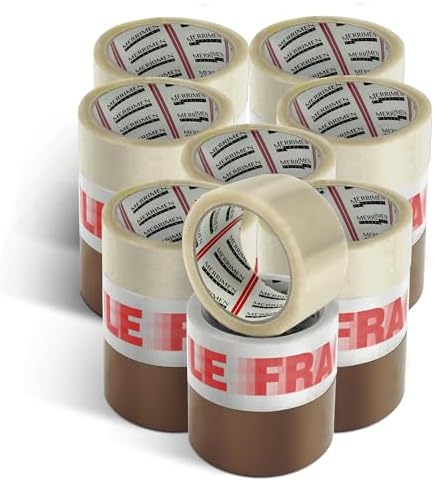 Merrimen Strong Heavy Duty Fragile Packaging Tape - 12 Rolls (48MM x 66M) - Secure Sticky Sealing Tape for Parcel Boxes, Moving Boxes & Large Postal Bags - Ideal for Long Term Storage