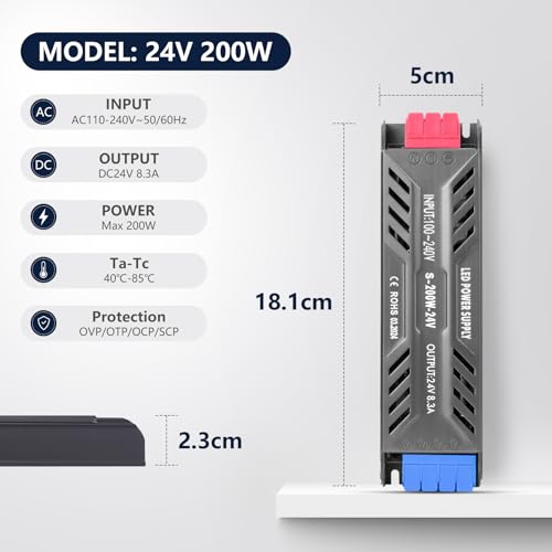 Image of 24V 200W LED Power Supply with Plug Ultra Slim LED Driver 110V AC to 24V DC 8.3A 200 Watt Quiet Low Volt Converter LEDs Transformer Constant Voltage for LEDs Strip Light, Indoor