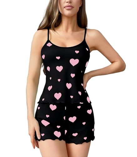 SamHeng Women Summer Short Pyjamas Set Heart Print Sleeveless Cami Top and Shorts Loungewear Sleeveless Sleepwear PJ Set Nightwear(Black/M)