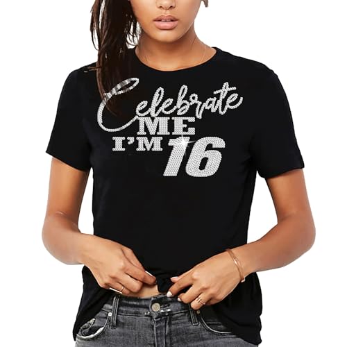 16th Birthday Gifts for Girls - Real Rhinestone Sweet 16 Shirts - Bedazzled Birthday Shirt for Teens