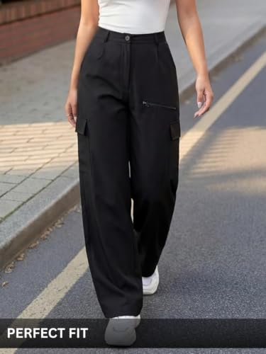 Image of GRECIILOOKS Cargo Pants For Woman | Trousers For Womans |High Waist Trouser for Women - Flared Parachute Pants with Side Pockets |Womens Cargo Pant | Elegant for College & Events (Available in Plus Size)