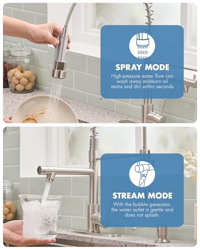 Image of AIMADI Kitchen Faucet with Soap Dispenser and Deck Plates, Brushed Nickel | Spring Single Handle Kitchen Sink Faucet with Pull Down Sprayer for Farmhouse Laundry Camper RV Bar,1 or 3 Hole