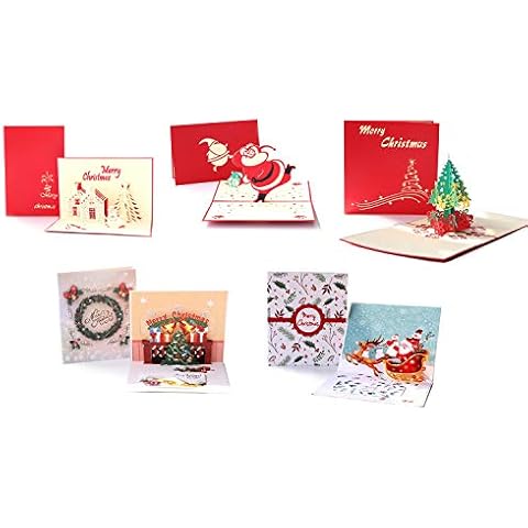 DEESOSPRO® 5pcs Christmas Cards, 3D Pop-Up Greeting Card for Chrismas, Envelope Included, Santa Claus, Christmas Tree, Elk, Christmas Wreath Cover