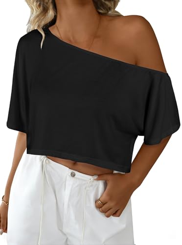 Remidoo Womens Off The Shoulder Crop Top Short Sleeve Oversized