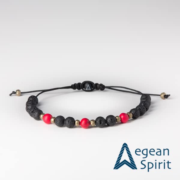 2. Bild von Perlenarmband Herren und Damen "Aegean Mythos", Lavaarmband handgemacht in Deutschland, Vulkanlava mit Onyx-Stein, verstellbar mit Makramee (Large (⌀ 6mm), Rot (roter Türkis)) Large (⌀ 6mm)