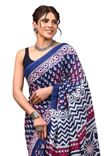 Image of Crafts Moda Hand Block Ajrakh Print Cotton Saree for women with Blouse | Soft comfortable wear sari