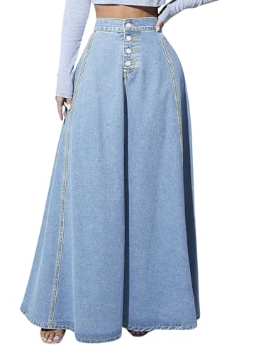 CHARTOU High Waisted Maxi Denim Skirt Women Elegant Pleated Button Up Patchwork Flowy Long Jean Skirts