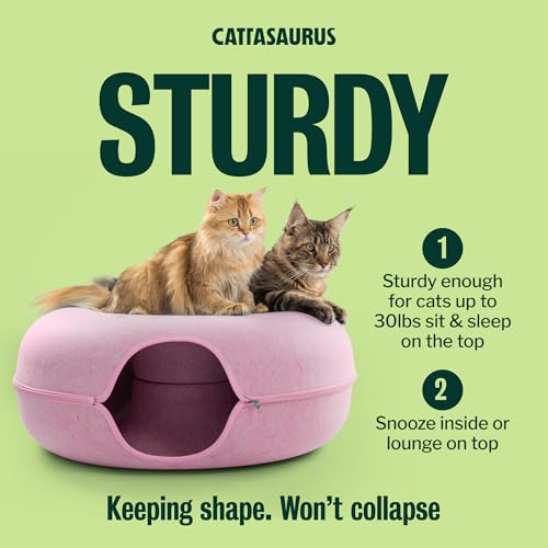 Image of Cattasaurus Peekaboo Cat Cave Donut for Multiple & Large Cats up to 30-45 lbs, 3-in-1 Self Warming Cat Bed, Tunnel & Scratcher for Indoor Cats, Washable & Detachable Small Dog Bed (Pink, Jumbo)