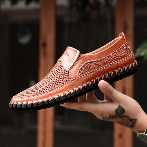 Men's Breathable Hollow Handmade Loafers Leather Breathable Mesh Fashion Slip Boat Shoes Business Formal Casual Walking Shoes4